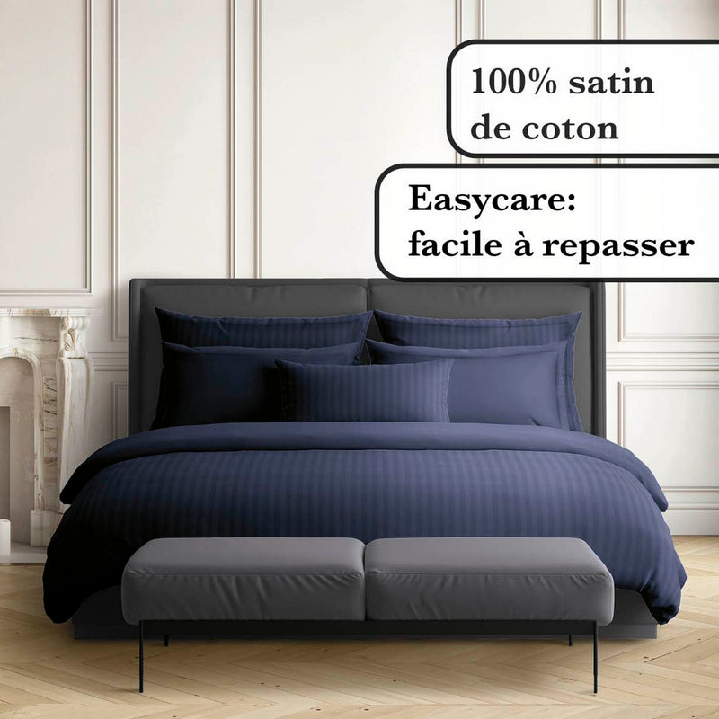 Jacquard - Drap Plat Satin De Coton Rayure Tissé Dobby Bleu Foncé