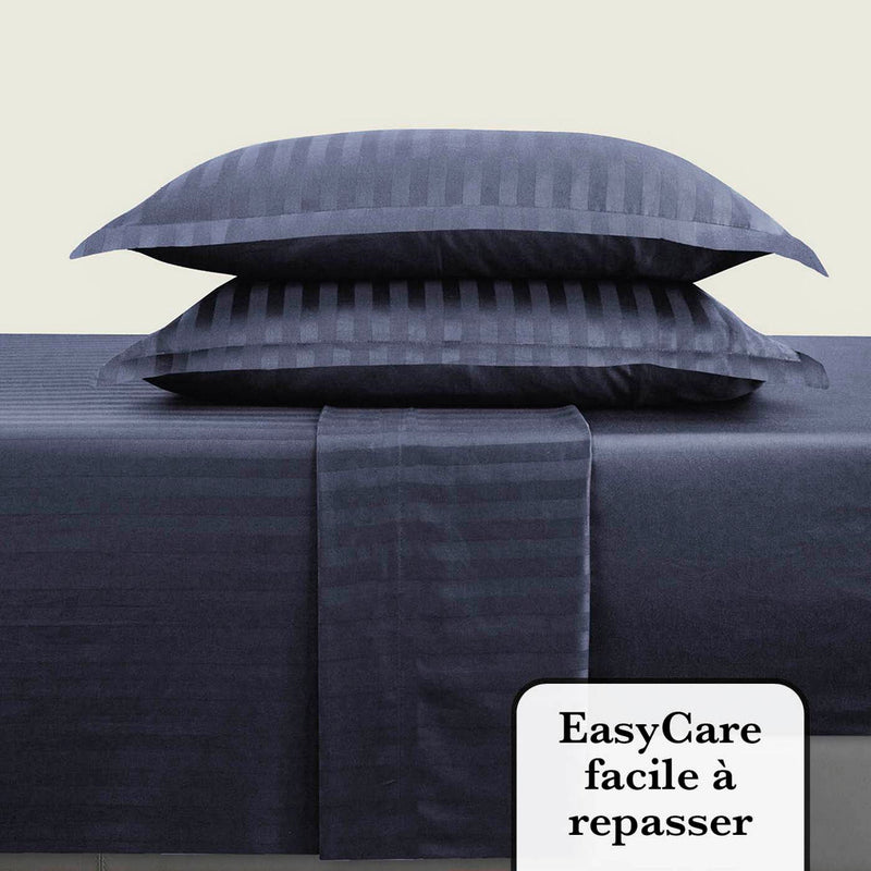 Jacquard - Ensemble De Draps Satin De Coton Rayure Tissé Dobby Bleu Foncé