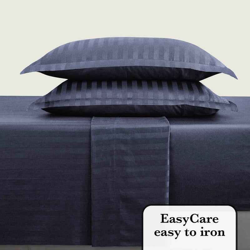 Jacquard - Ensemble De Draps Satin De Coton Rayure Tissé Dobby Bleu Foncé