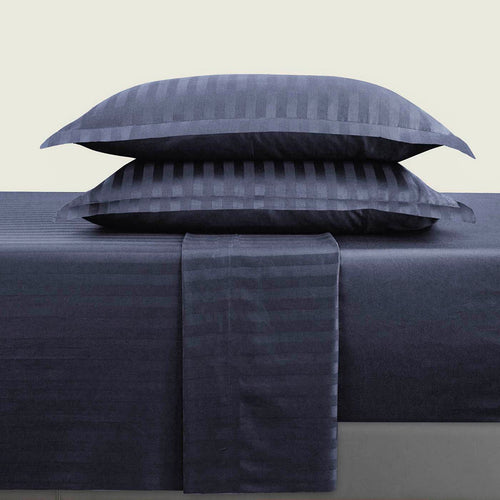 Jacquard - Ensemble De Draps Satin De Coton Rayure Tissé Dobby Bleu Foncé