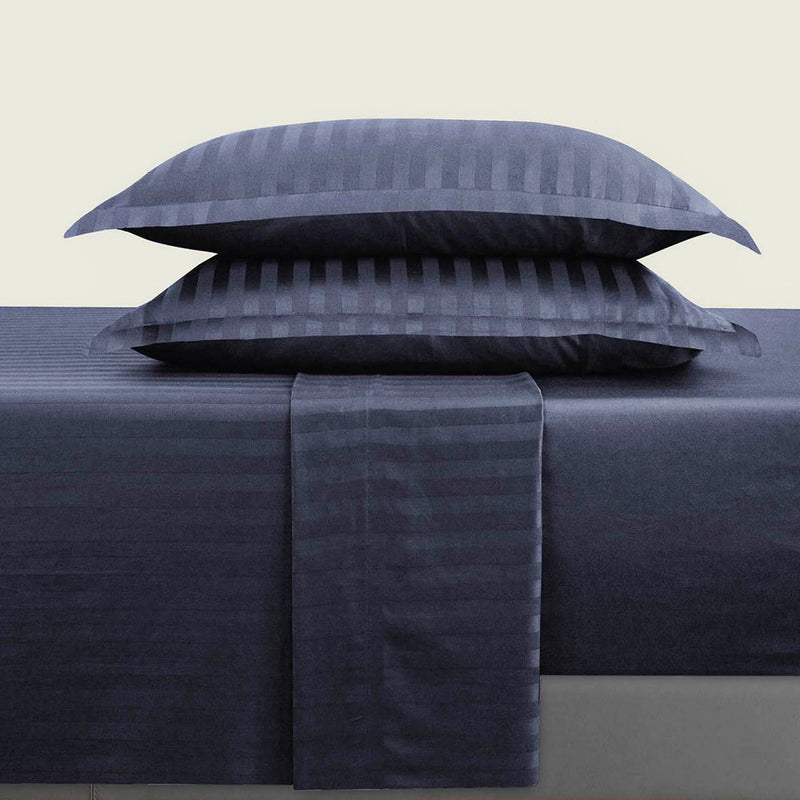 Jacquard - Ensemble De Draps Satin De Coton Rayure Tissé Dobby Bleu Foncé