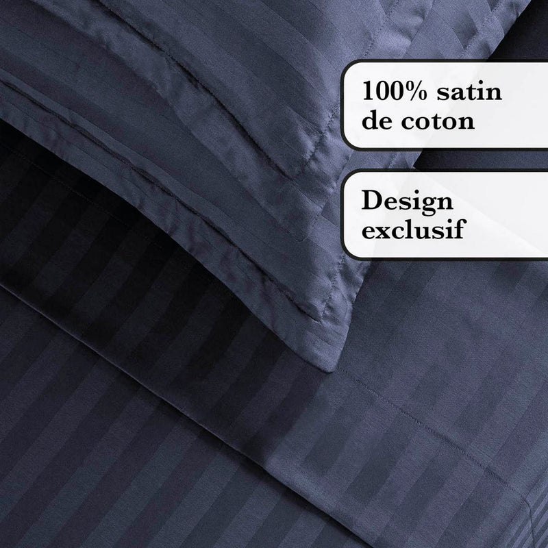 Jacquard - Ensemble De Draps Satin De Coton Rayure Tissé Dobby Bleu Foncé