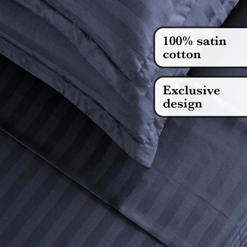 Jacquard - Ensemble De Draps Satin De Coton Rayure Tissé Dobby Bleu Foncé