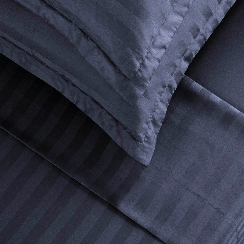 Jacquard - Ensemble De Draps Satin De Coton Rayure Tissé Dobby Bleu Foncé