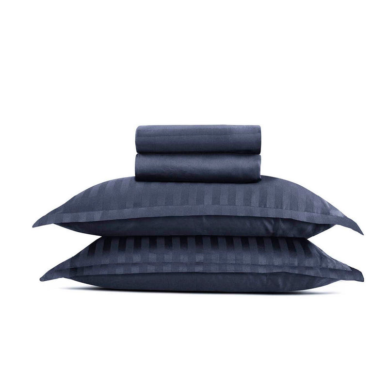 Jacquard - Ensemble De Draps Satin De Coton Rayure Tissé Dobby Bleu Foncé