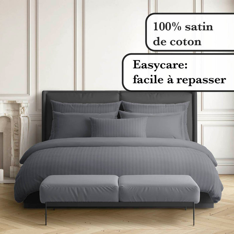 Jacquard - Drap Plat Satin De Coton Rayure Tissé Dobby Gris Foncé