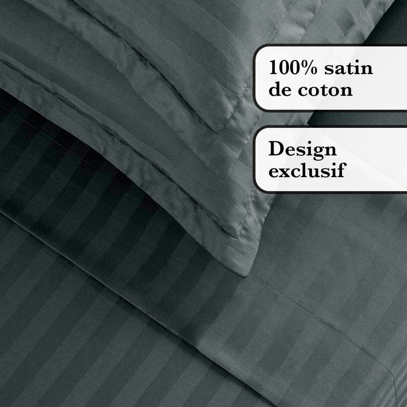 Jacquard - Ensemble De Draps Satin De Coton Rayure Tissé Dobby Gris Foncé