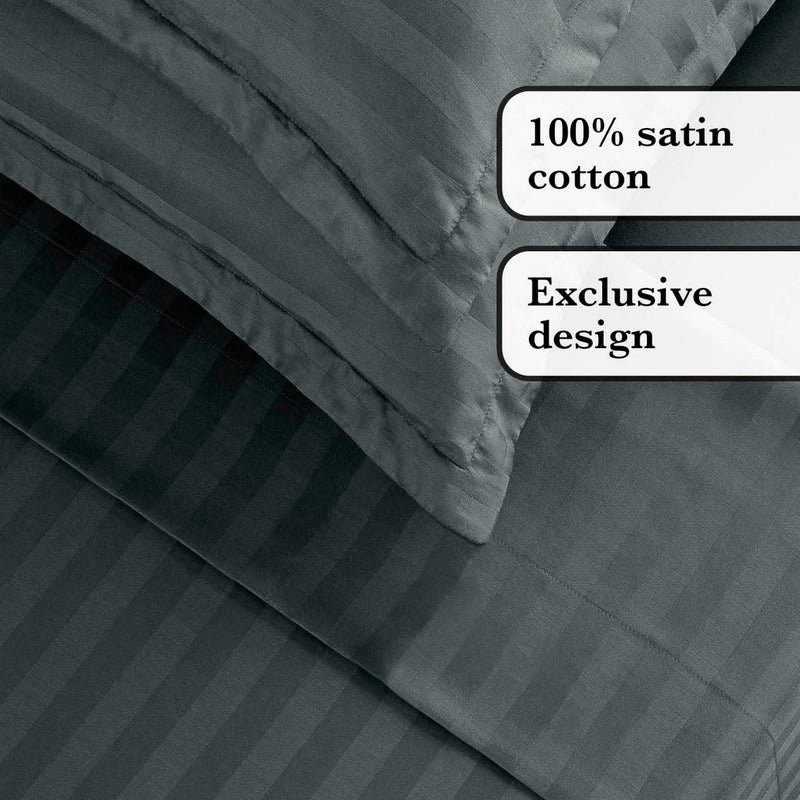 Jacquard - Ensemble De Draps Satin De Coton Rayure Tissé Dobby Gris Foncé