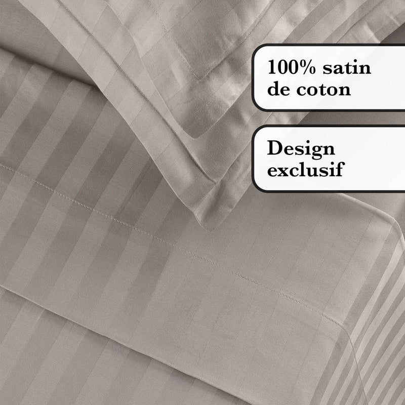 Jacquard - Ensemble De Draps Satin De Coton Rayure Tissé Dobby Taupe