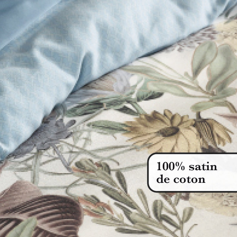 Garden - Housse De Couette + Taie(s) D'Oreiller Satin De Coton Garden Bleu Clair