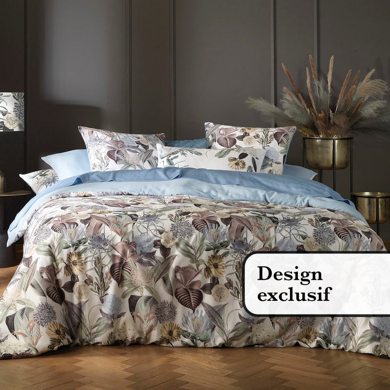 Garden - Housse De Couette + Taie(s) D'Oreiller Satin De Coton Garden Bleu Clair