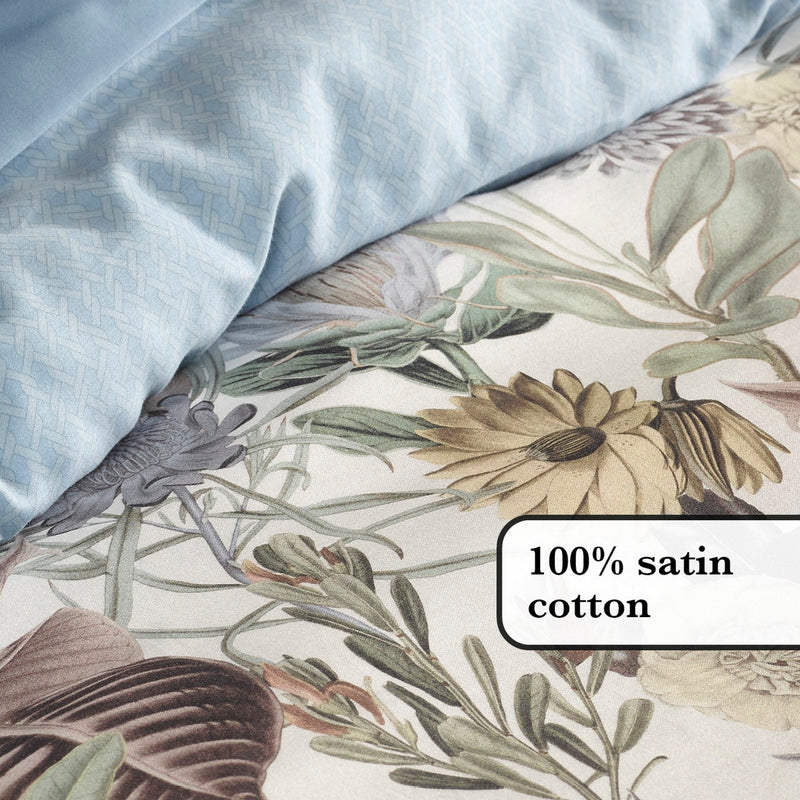 Garden - Housse De Couette + Taie(s) D'Oreiller Satin De Coton Garden Bleu Clair
