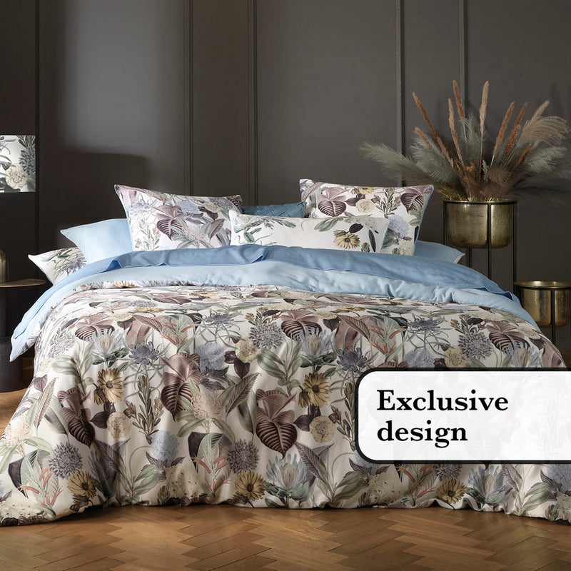 Garden - Housse De Couette + Taie(s) D'Oreiller Satin De Coton Garden Bleu Clair