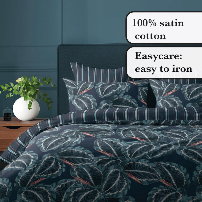 Calathea - Housse De Couette + Taie(s) D'Oreiller Satin De Coton Calathea Bleu Foncé