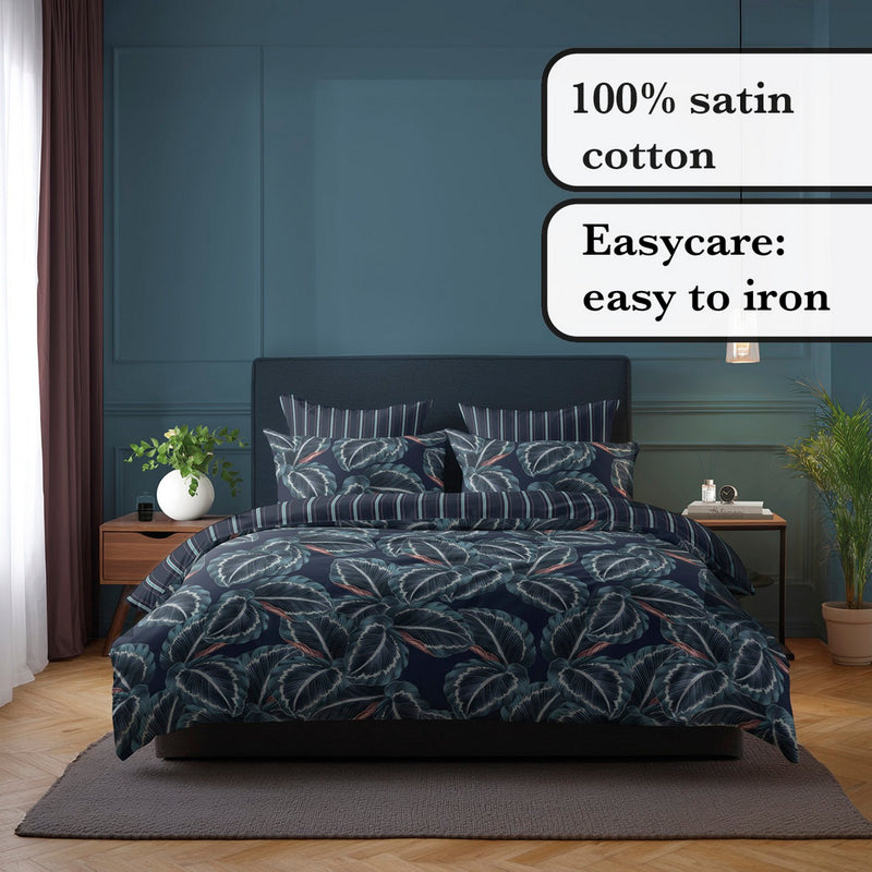 Calathea - Taie De Traversin Satin De Coton Calathea Bleu Foncé
