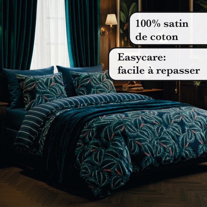 Calathea - Drap Plat Satin De Coton Calathea Bleu Foncé