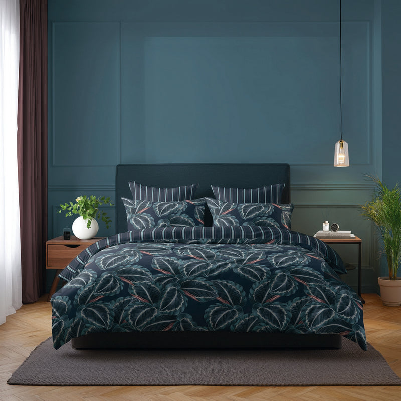 Calathea - Drap Plat Satin De Coton Calathea Bleu Foncé