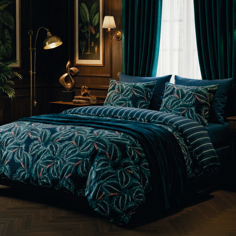 Calathea - Édredon Avec Glands Satin De Coton Calathea Bleu Foncé