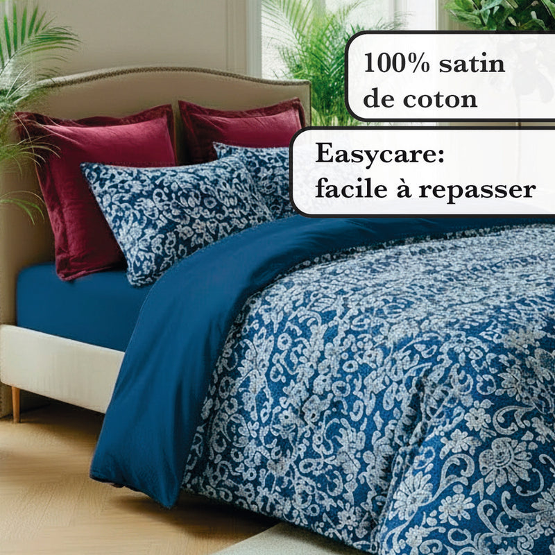 Passementerie - Housse De Couette + Taie(s) D'Oreiller Satin De Coton Passementerie Bleu