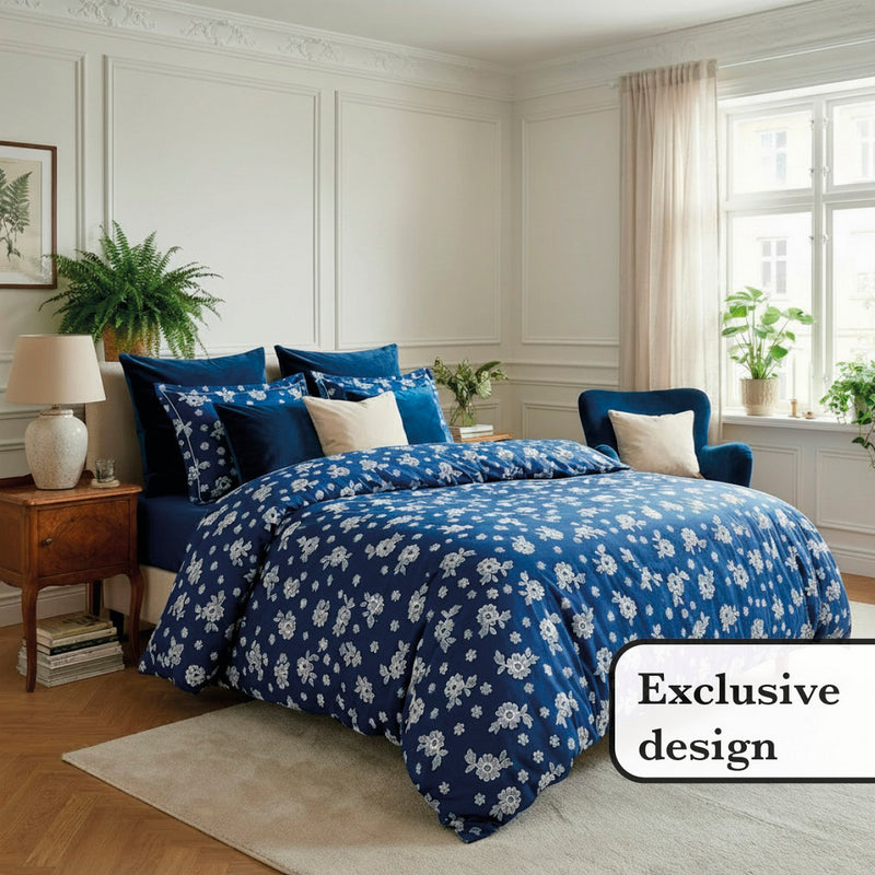 Blossom - Housse De Couette + Taie(s) D'Oreiller Satin De Coton Blossom Bleu Foncé