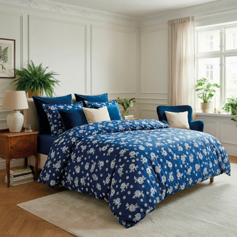 Blossom - Housse De Couette + Taie(s) D'Oreiller Satin De Coton Blossom Bleu Foncé