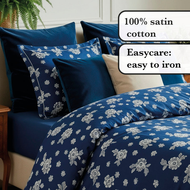 Blossom - Housse De Couette + Taie(s) D'Oreiller Satin De Coton Blossom Bleu Foncé