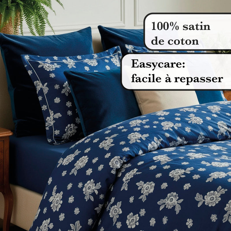 Blossom - Housse De Couette + Taie(s) D'Oreiller Satin De Coton Blossom Bleu Foncé