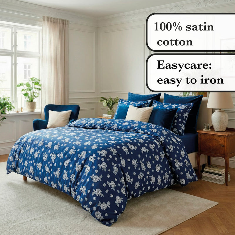 Blossom - Taie D'Oreiller Satin De Coton Blossom Bleu Foncé