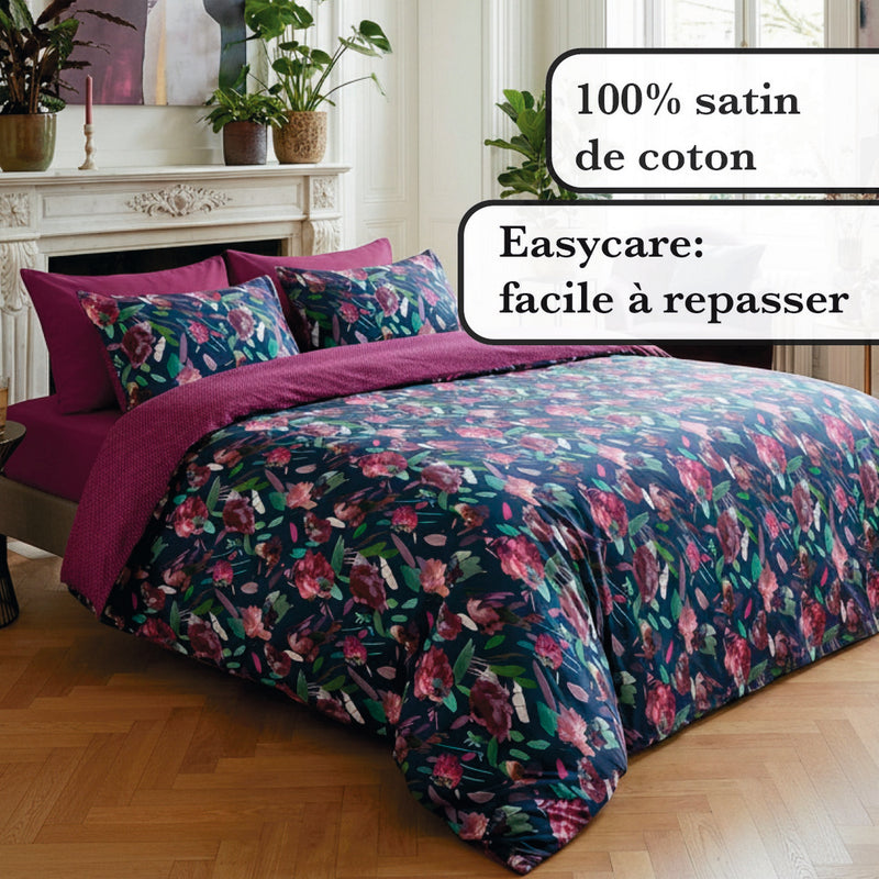 Arty Flowers - Housse De Couette + Taie(s) D'Oreiller Satin De Coton Arty Flowers Bleu Foncé