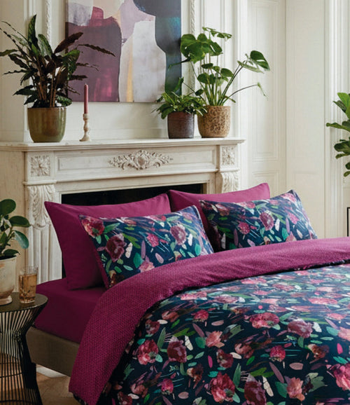 Arty Flowers - Taie D'Oreiller Satin De Coton Pollen / Plum Dark Blue Prune