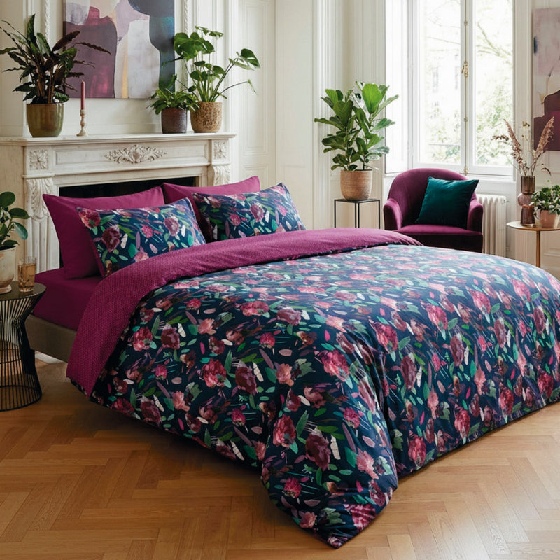 Arty Flowers - Taie D'Oreiller Satin De Coton Pollen / Plum Dark Blue Prune