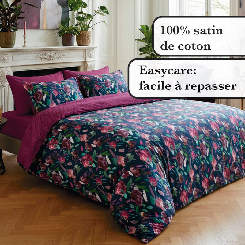 Arty Flowers - Drap Plat Satin De Coton Arty Flowers Bleu Foncé