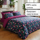 Arty Flowers - Drap Plat Satin De Coton Arty Flowers Bleu Foncé
