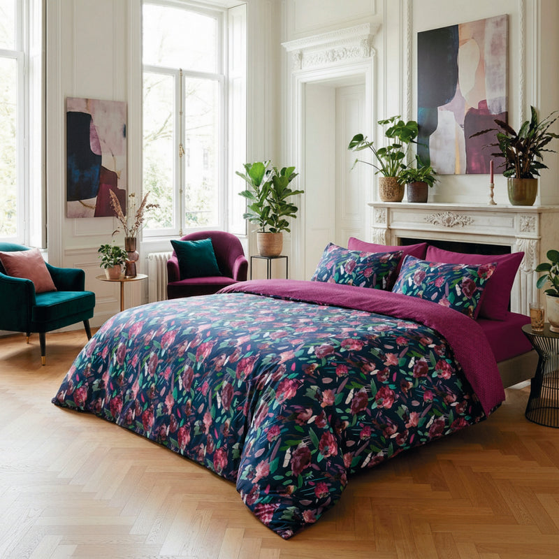 Arty Flowers - Drap Plat Satin De Coton Arty Flowers Bleu Foncé