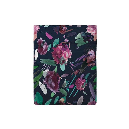 Arty Flowers - Drap Plat Satin De Coton Arty Flowers Bleu Foncé