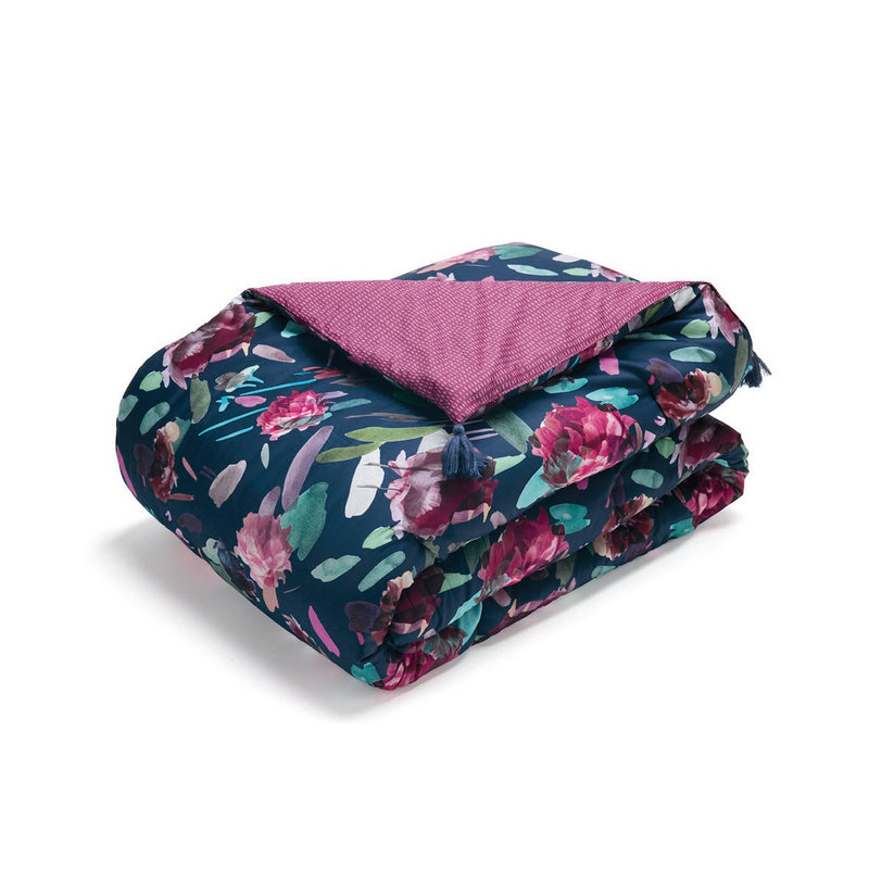 Arty Flowers - Édredon Avec Glands Satin De Coton Arty Flowers Bleu Foncé