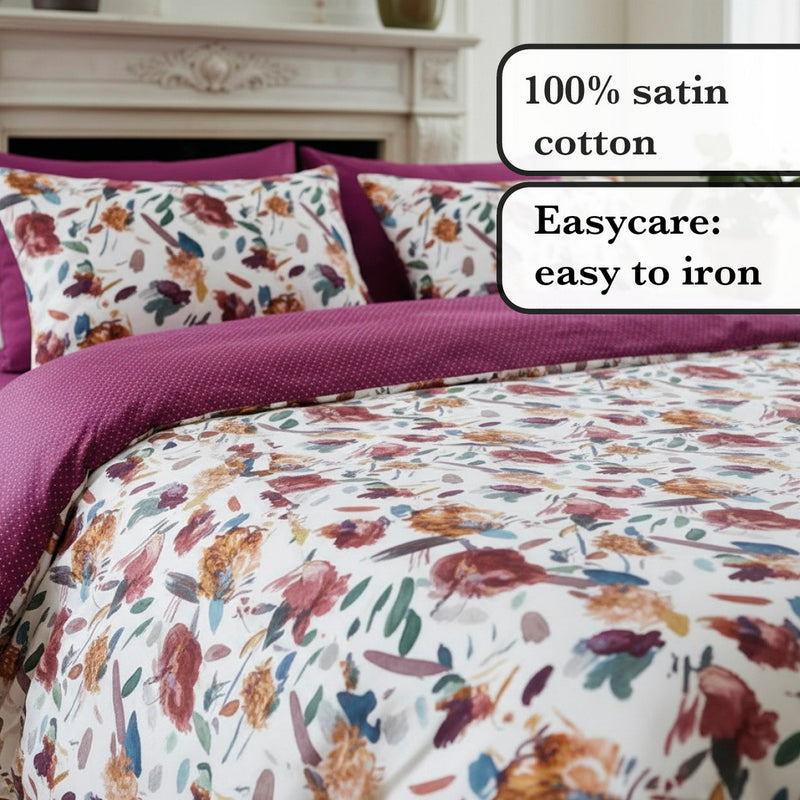 Arty Flowers - Taie D'Oreiller Satin De Coton Pollen / Plum White Prune