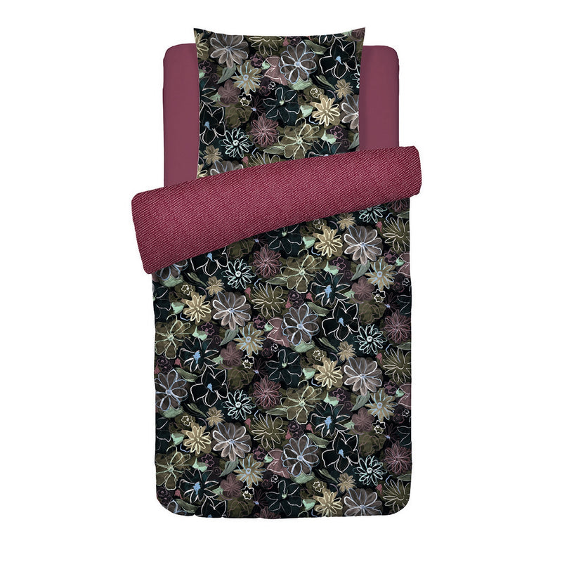 Fleurs Pastel - Housse De Couette + Taie(s) D'Oreiller Satin De Coton Fleurs Pastel Noir