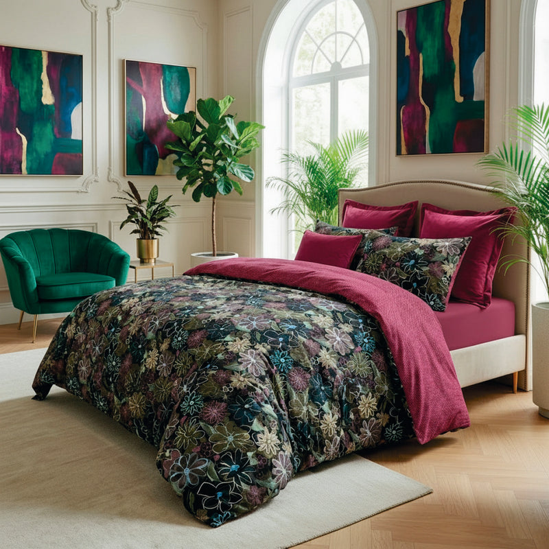 Fleurs Pastel - Taie D'Oreiller Satin De Coton Fleurs Pastel Noir