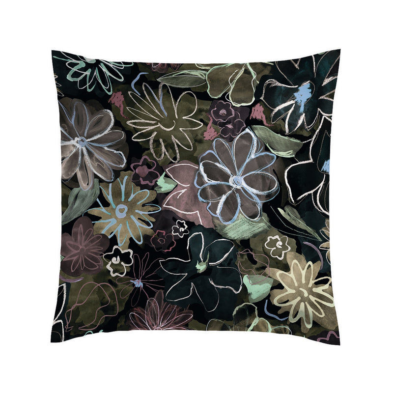 Fleurs Pastel - Taie D'Oreiller Satin De Coton Fleurs Pastel Noir