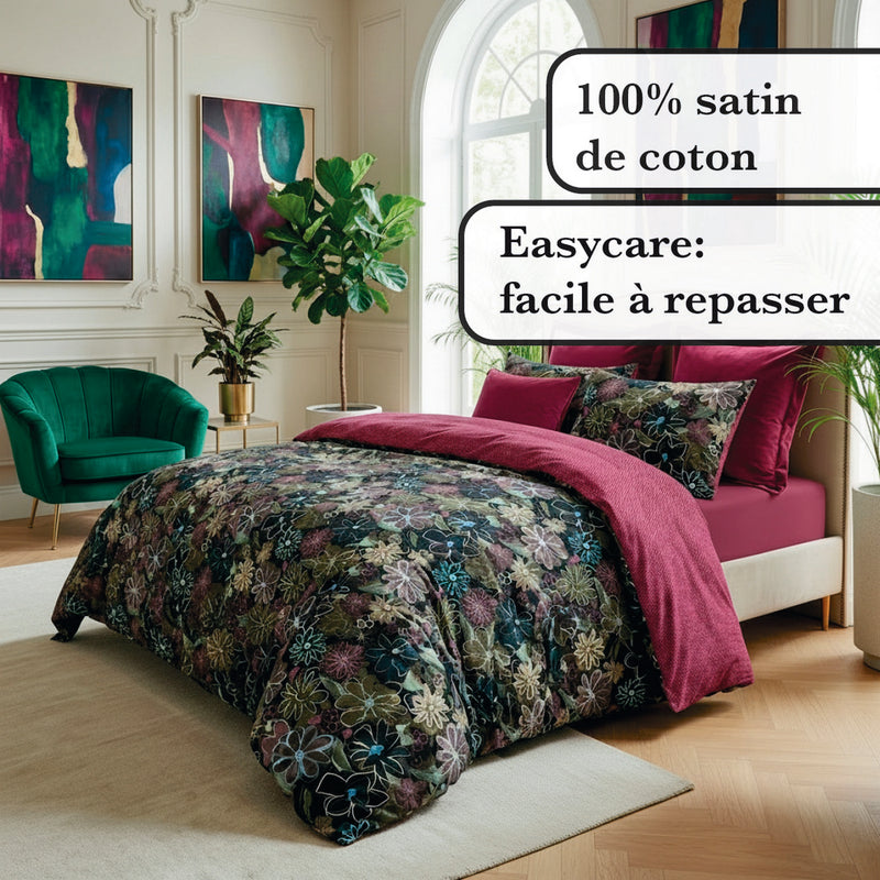 Fleurs Pastel - Taie D'Oreiller Satin De Coton Pollen / Fleurs Pastel Bordeaux