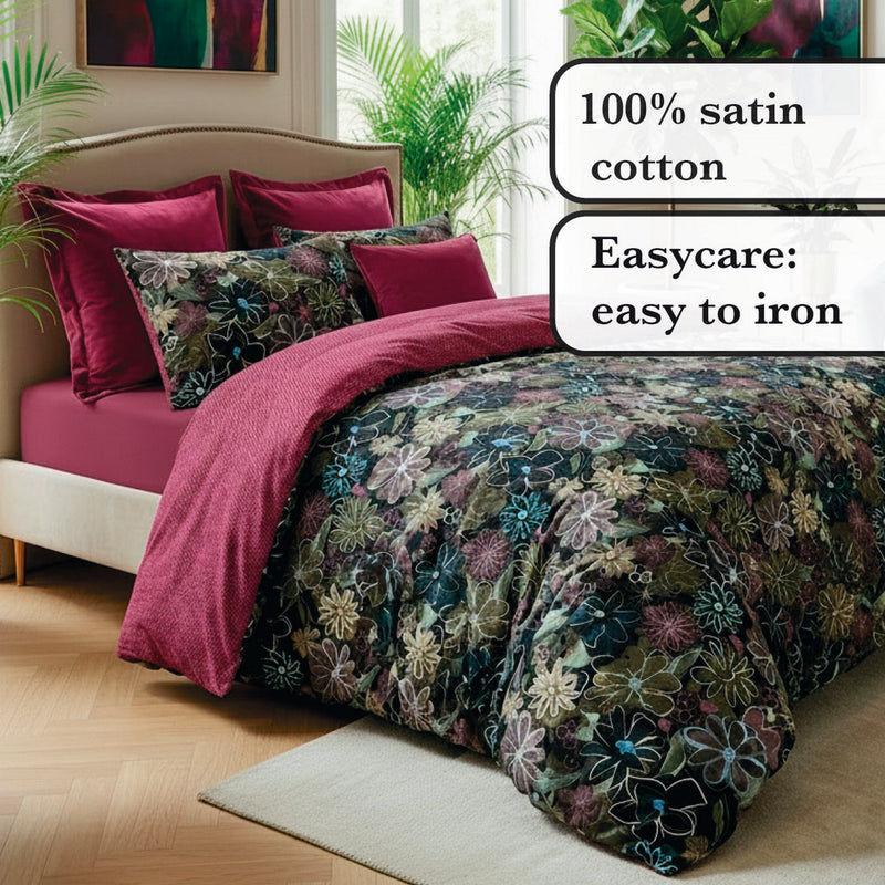 Fleurs Pastel - Drap Plat Satin De Coton Pollen Bordeaux