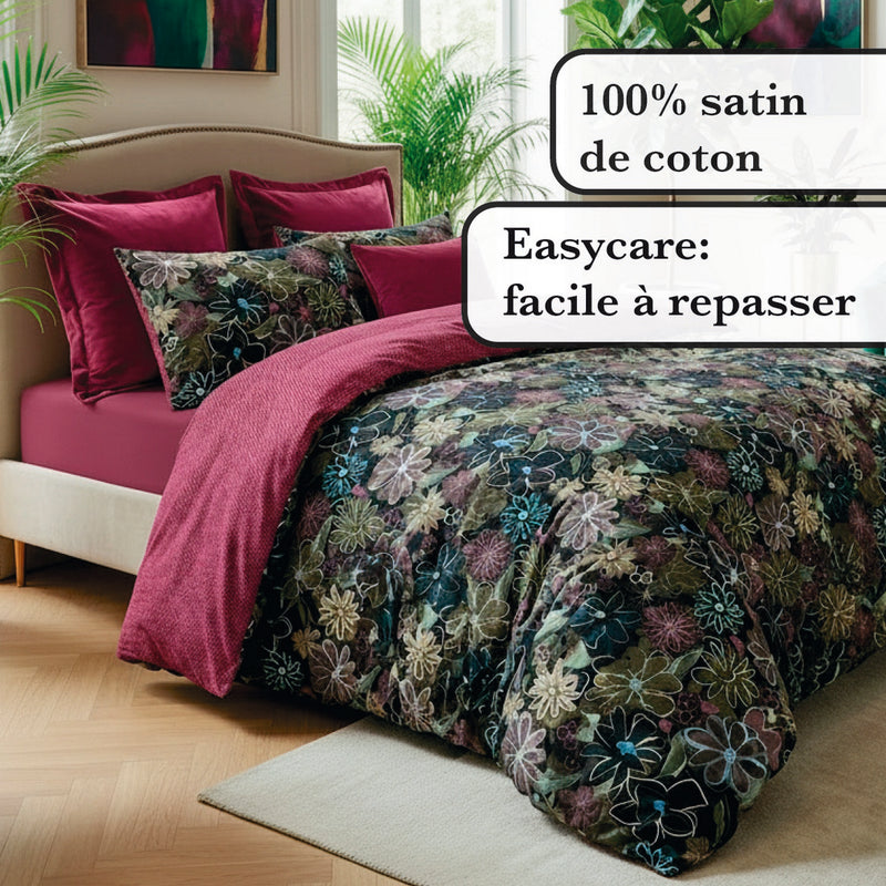 Fleurs Pastel - Édredon Avec Glands Satin De Coton Fleurs Pastel Noir