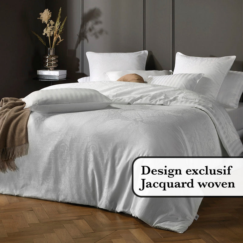 Jacquard - Housse De Couette + Taie(s) D'Oreiller Satin De Coton Tissé Jacquard Arles Blanc