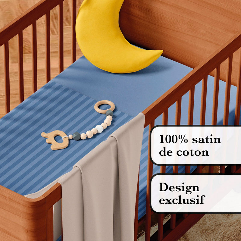Jacquard - Housse De Couette + Taie(s) D'Oreiller Bébé Satin De Coton Rayure Tissé Jacquard Bleu