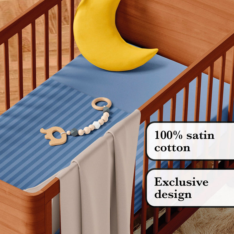 Jacquard - Housse De Couette + Taie(s) D'Oreiller Bébé Satin De Coton Rayure Tissé Jacquard Bleu