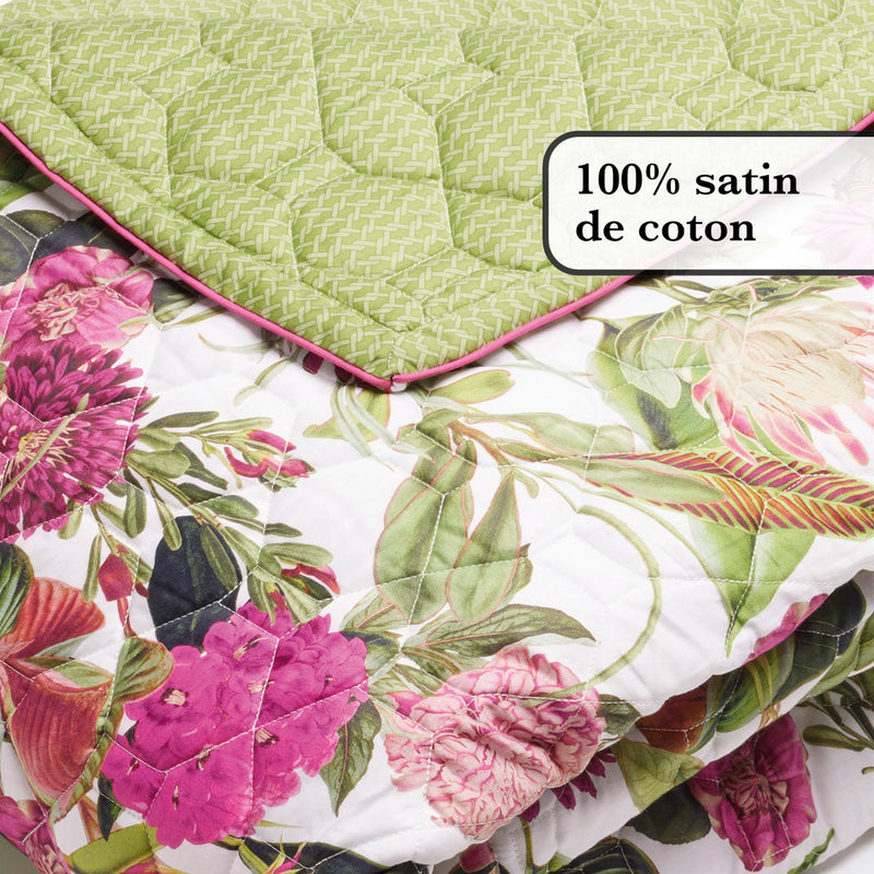 Garden - Couvre-Lit Xl En 100% Satin De Coton - Dessin Garden Vert