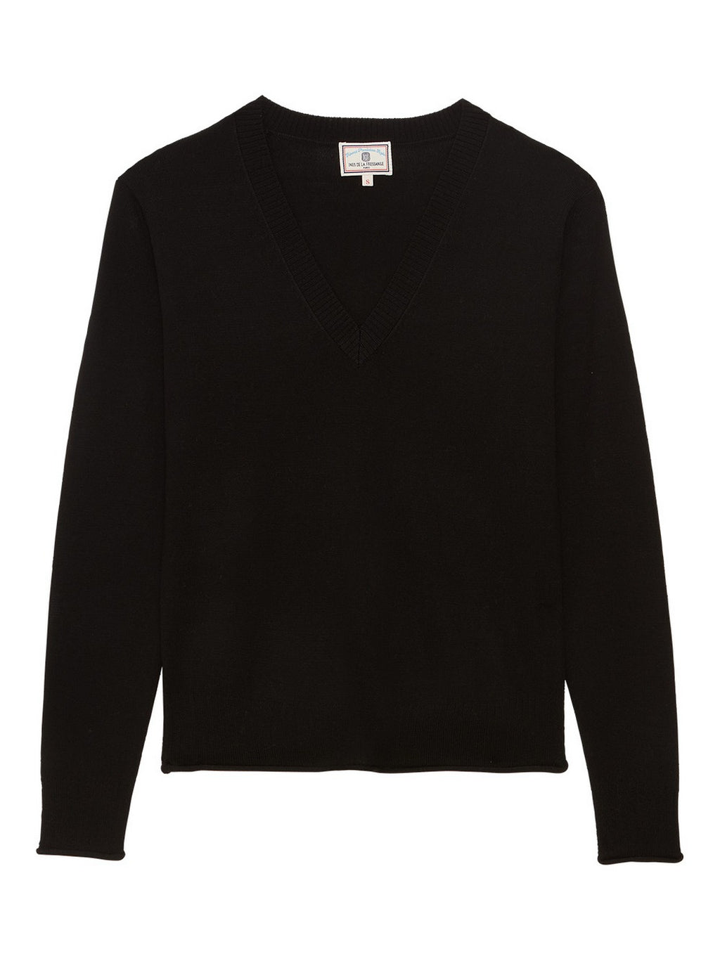 Ines De La Fressange – Pullover Morcant - Noir, schwarzer Strickpullover mit V-Ausschnitt, Vorderansicht