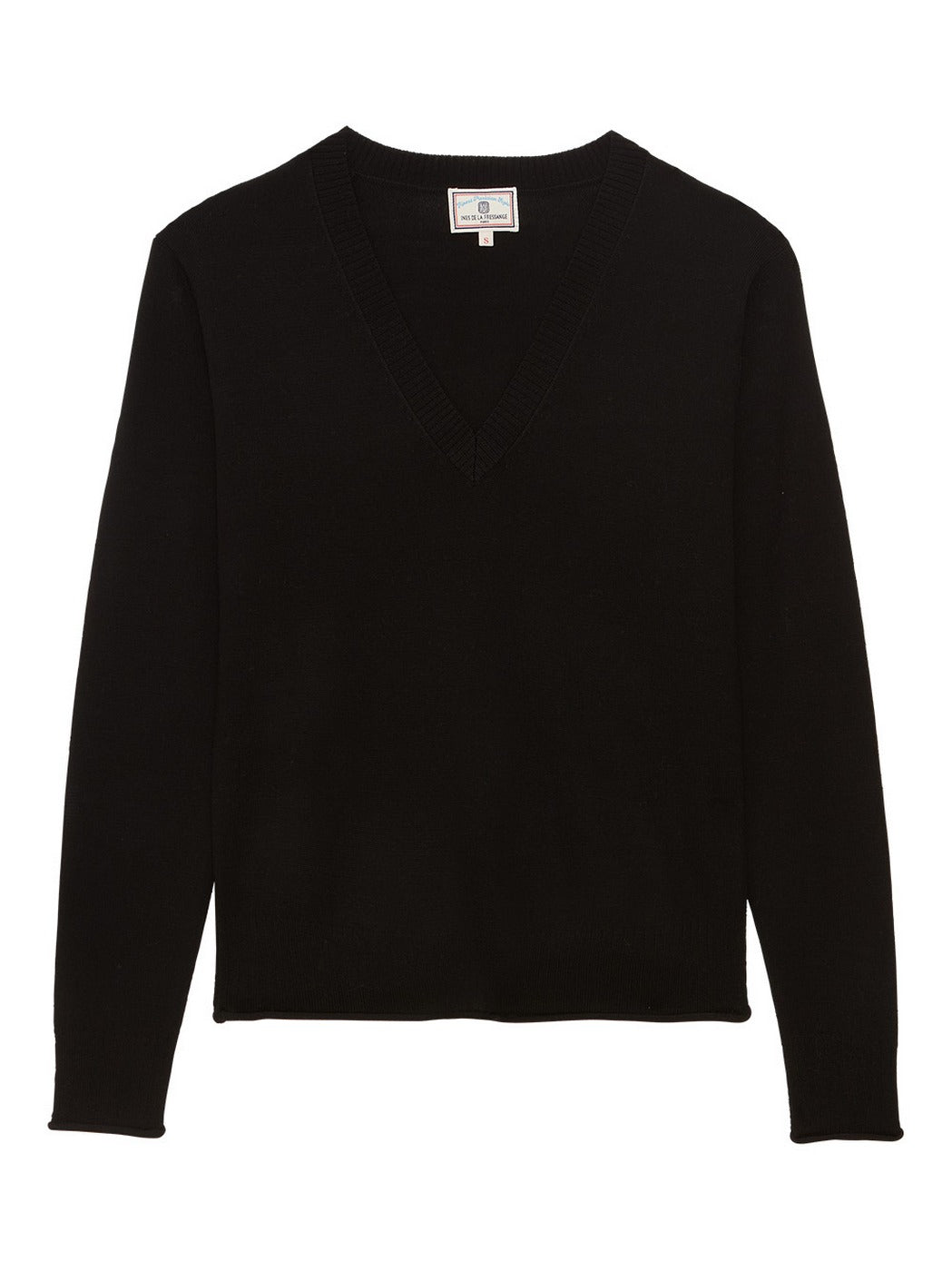 Ines De La Fressange – Pullover Morcant - Noir, schwarzer Strickpullover mit V-Ausschnitt, Vorderansicht