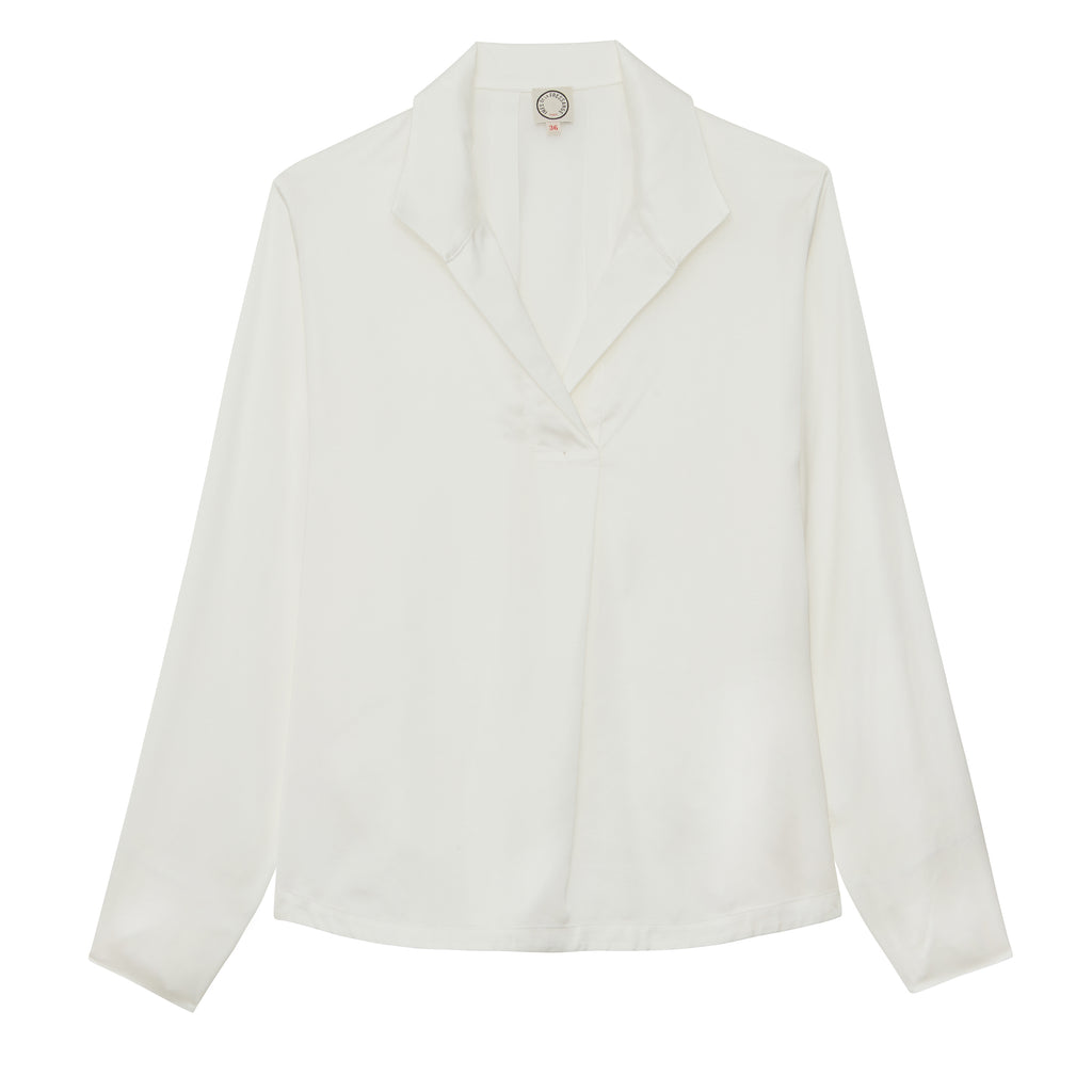 Ines De La Fressange – Camiseta Noa - Blanco, blusa blanca de seda, vista frontal, sobre fondo blanco